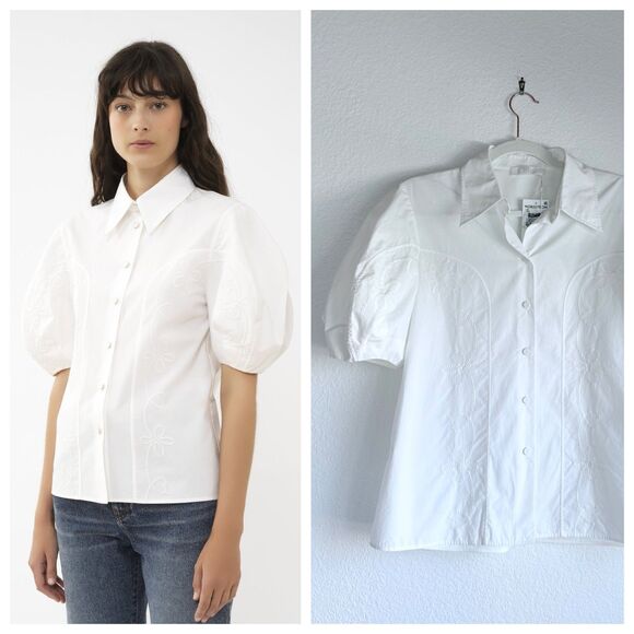 NWT Chloé Puff Sleeve Cotton Voile Embroidered Blouse in Iconic Milk Sz 38 (US6) - Picture 1 of 15